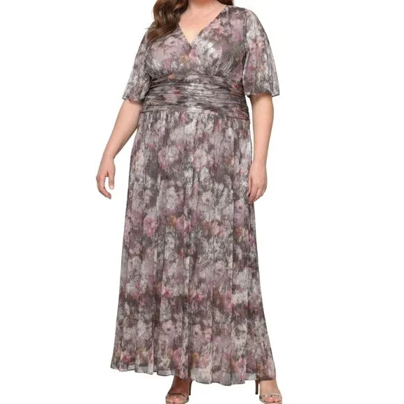 SL Fashions Womens Plus Printed Metallic Surplice Long Dress Taupe Size 20W NWT - Picture 1 of 5
